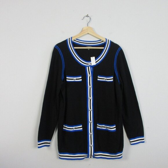 Talbots Cardigan Women X L Black Blue Trim Pockets Button Front Cotton New 356 - Picture 1 of 8